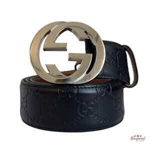 Auth Gucci Black Guccissima Leather Silver Interlocking G Buckle Belt 95/38